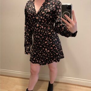 Zara Black Silky Dress with Pink Floral Design